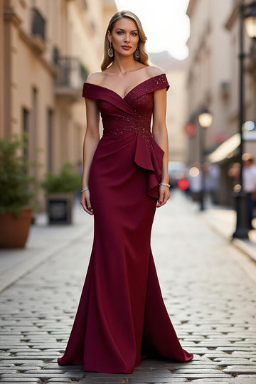 Off The Shoulder Mermaid Burgundy Mother Of The Bride Dress with Sash